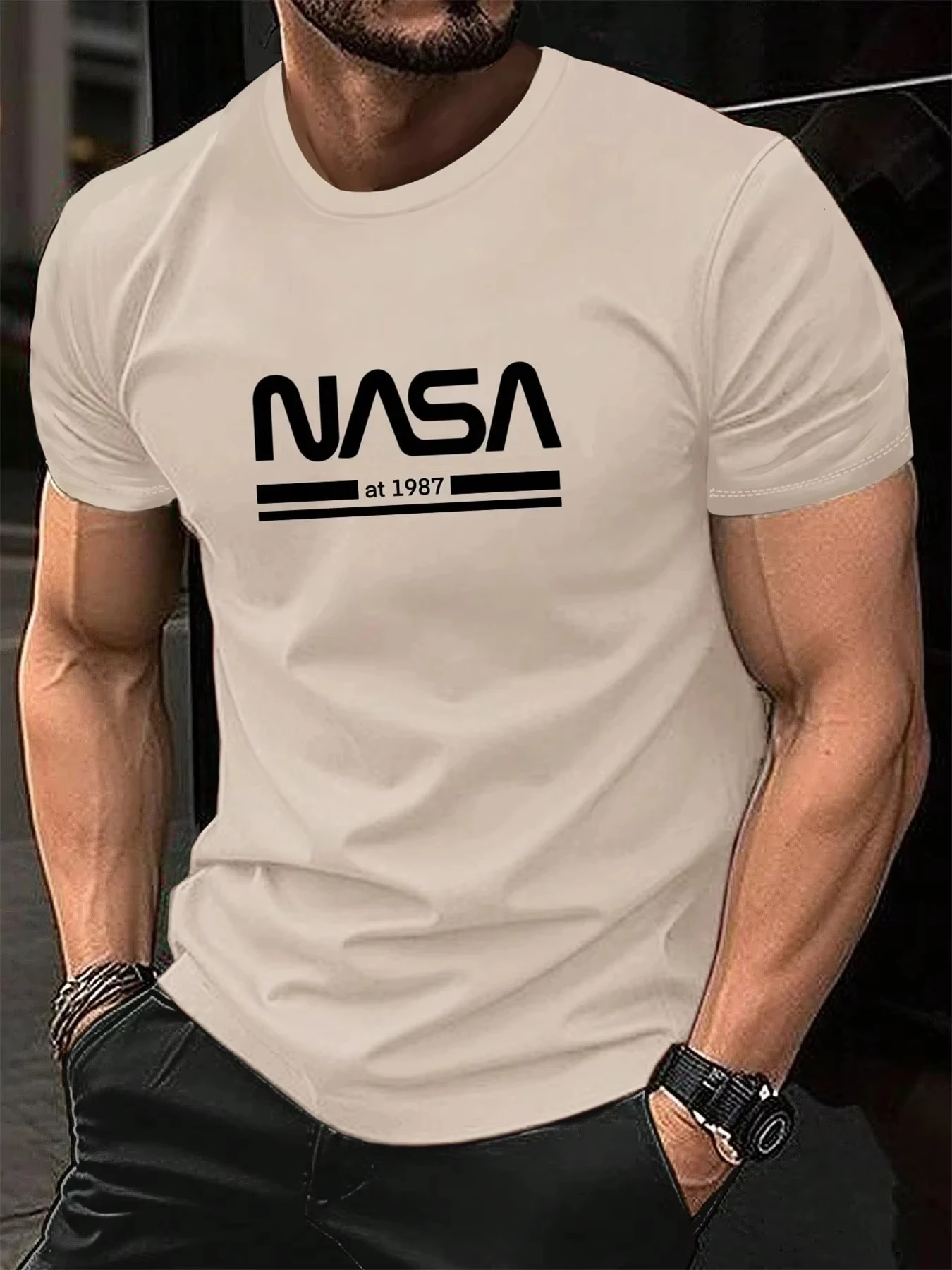Men Short Sleeve T Shirt NASA Print 1987 Design Casual Comfortable Cotton Summer Tees Athletic Streetwear Retro Trend Breathable - Image 2
