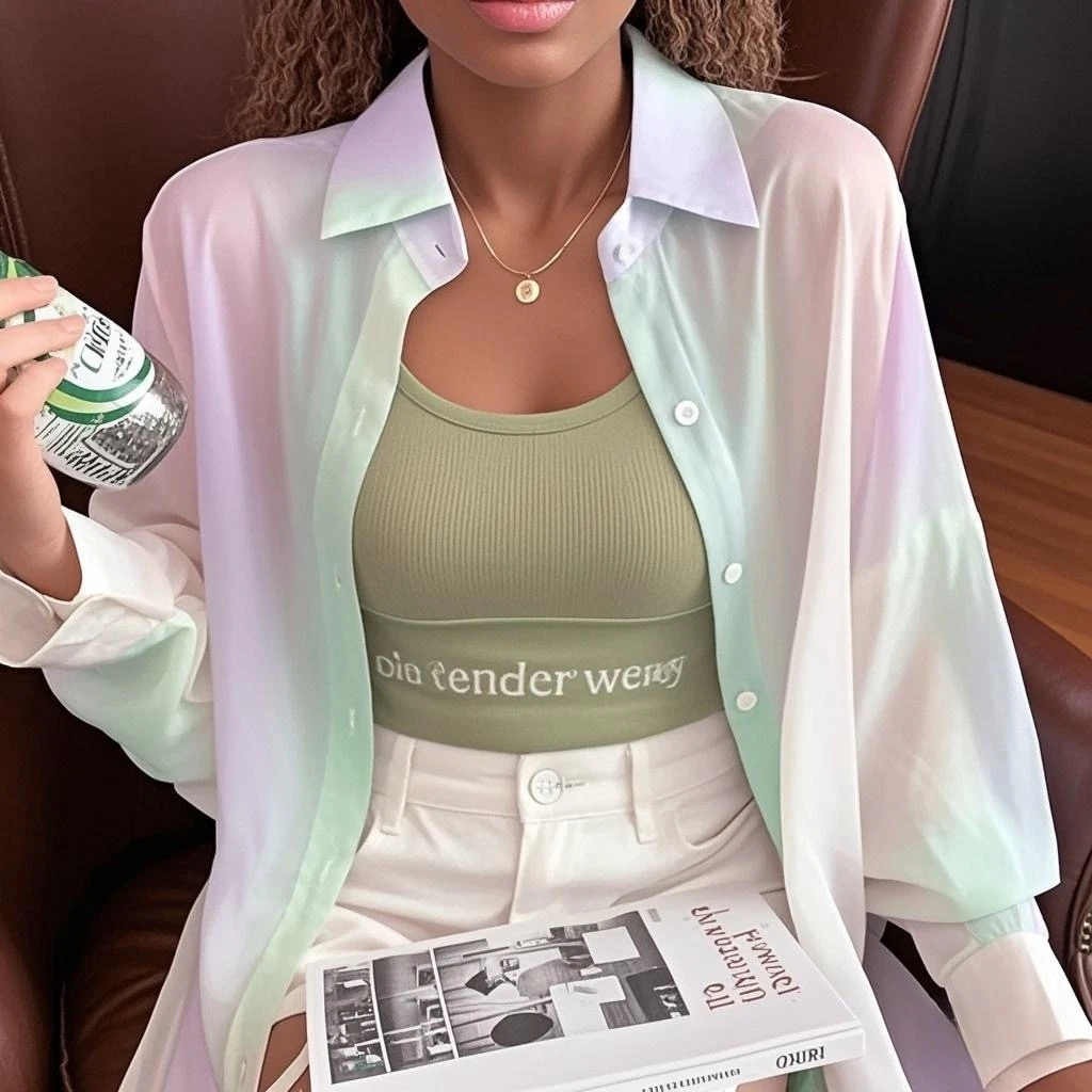 See-through Irregular Gradient Rainbow Long Sleeved Shirt And Blouses Thin For Women Clothes Loose Top Pink Casual Fashion Trend - Image 2