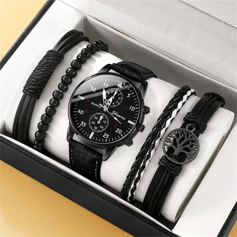 New Men Watch Luxury Bracelet Set Fashion Business Brown Leather Quartz Wrist Watches for Men Gift Set Relogio Masculino - Image 2