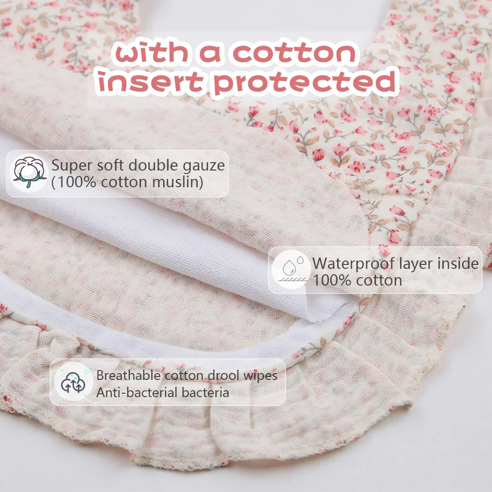 Flower Print Baby Bibs Adjustable Snap Saliva Towel Ruffled Edge Muslin Cotton Burp Cloths Rainbow A Grade Girls Feeding Scarf - Image 3