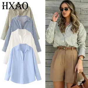 HXAO 2025 Woman Blouses Long Stripe Shirts Women Spring Summer Long Sleeve Blue White Shirt Woman Large Tops Button Up Shirts