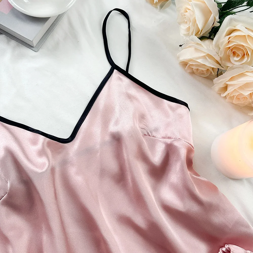 Women's Smooth Satin Pajamas V-Neck T-Shirt Ruffled Edges And Bow Shorts Simple And Breathable Pajama Set Sling Home Clothing - Image 4