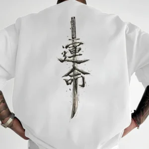 Men's Word Graphic Cotton Short Sleeve T-Shirt Custom Loose Fit Japanese Samurai Sword Design Tee Comfortable Casual Streetwear