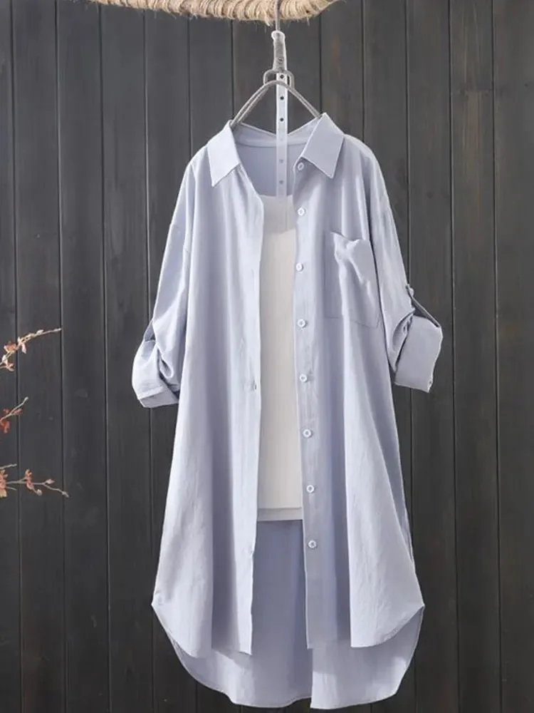 Korean Fashion White Shirt Women 2023 Spring Summer Loose Breathable Midi Shirt and Blouse Lady Simple Solid Color Long Shirts - Image 3