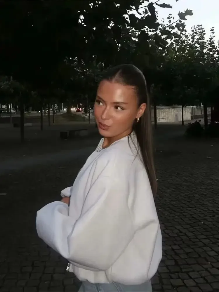 Ladies Fashion Autumn Winter Jacket Women Retro Round Neck Long Sleeve Elastic Hem Zipper Soft Bomber Jacket Women Coat Female - Image 3