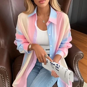 See-through Irregular Gradient Rainbow Long Sleeved Shirt And Blouses Thin For Women Clothes Loose Top Pink Casual Fashion Trend