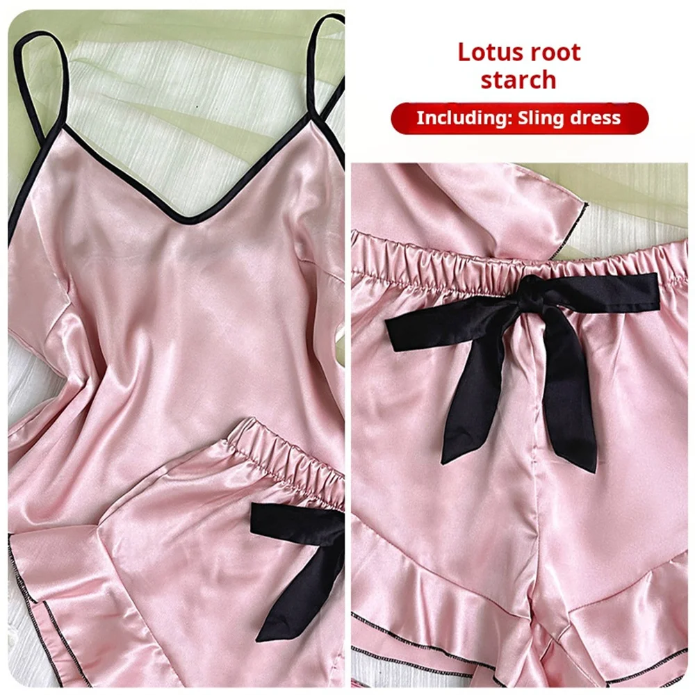 Women's Smooth Satin Pajamas V-Neck T-Shirt Ruffled Edges And Bow Shorts Simple And Breathable Pajama Set Sling Home Clothing - Image 5