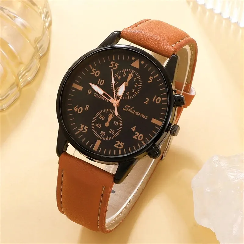New Men Watch Luxury Bracelet Set Fashion Business Brown Leather Quartz Wrist Watches for Men Gift Set Relogio Masculino - Image 4