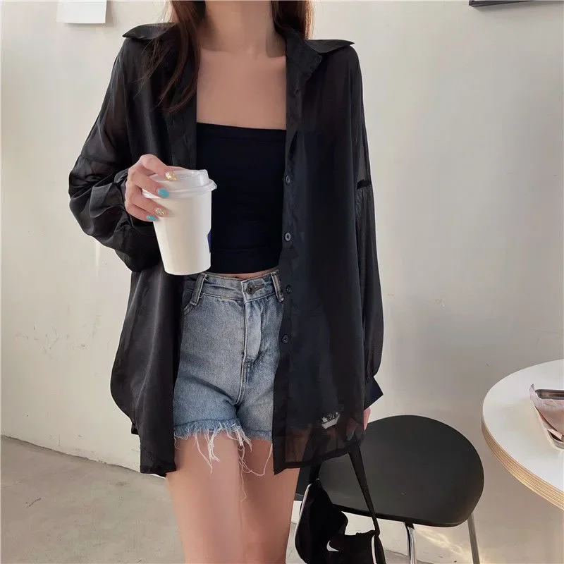 Xpqbb Women's White Chiffon Shirt Sheer Thin Long Sleeve Sun Protection Blouse Woman Casual Loose Simple Single-breasted Shirts - Image 4