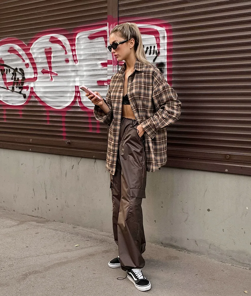 Spring Autumn Vintage Plaid Checkered Shirt Women's Long Sleeve Blouse Loose Single Breasted Casual Shirt - Image 2