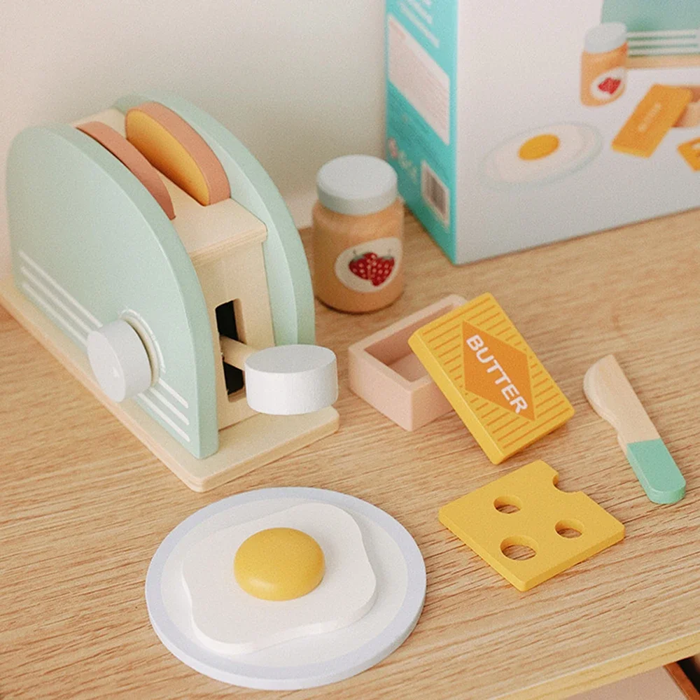Wooden Toaster Toy Kids Bread Machine Kit Pretend Play Kitchen Toys Set Breakfast Educational Toys Gifts for Girls Boys - Image 2