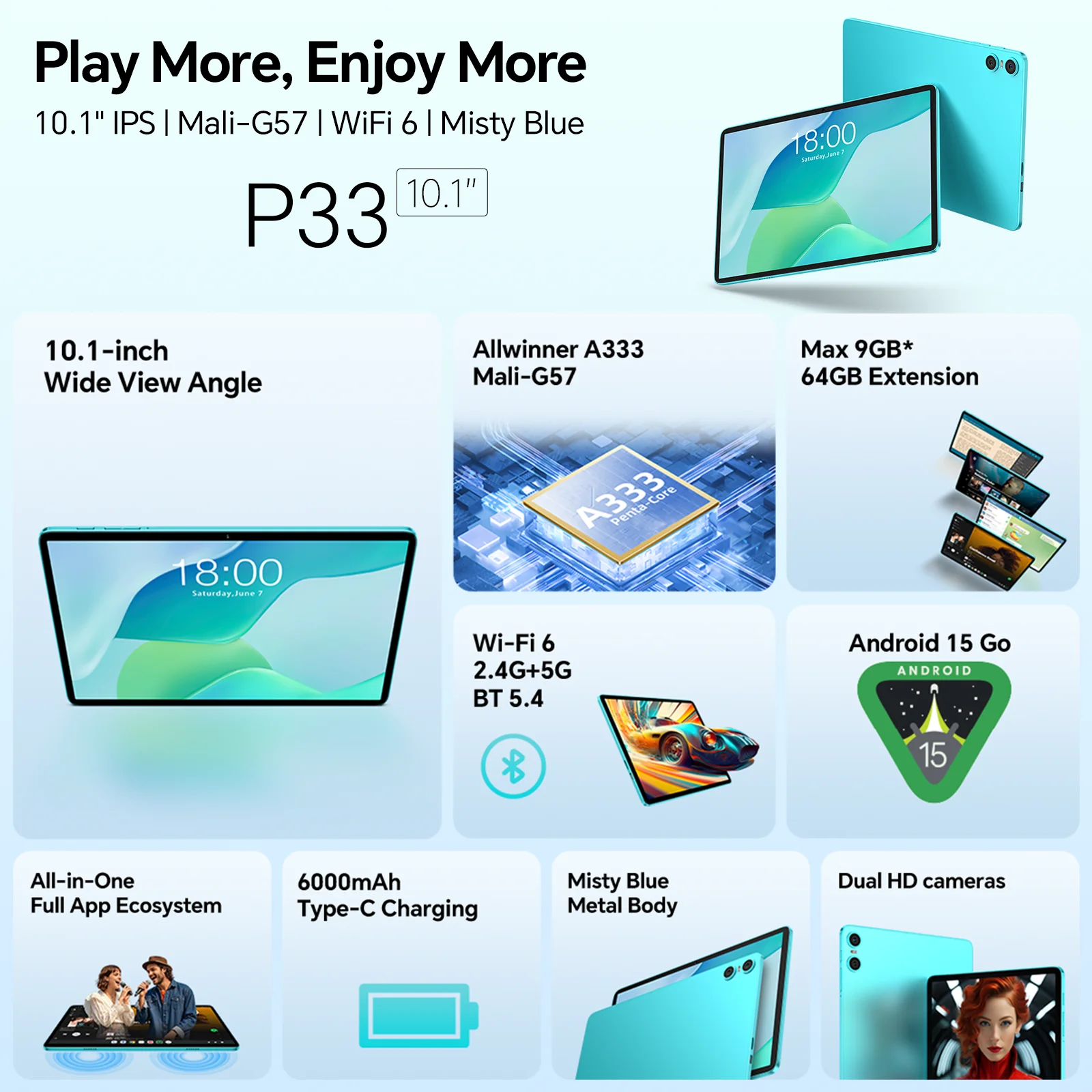 Teclast P33 Android 15 Tablet 10.1" 1280x800 IPS A333 5-core Max 9GB RAM 64GB ROM 6000mAh Type-C Metal Body Tablets PC Wi-Fi 6 - Image 2