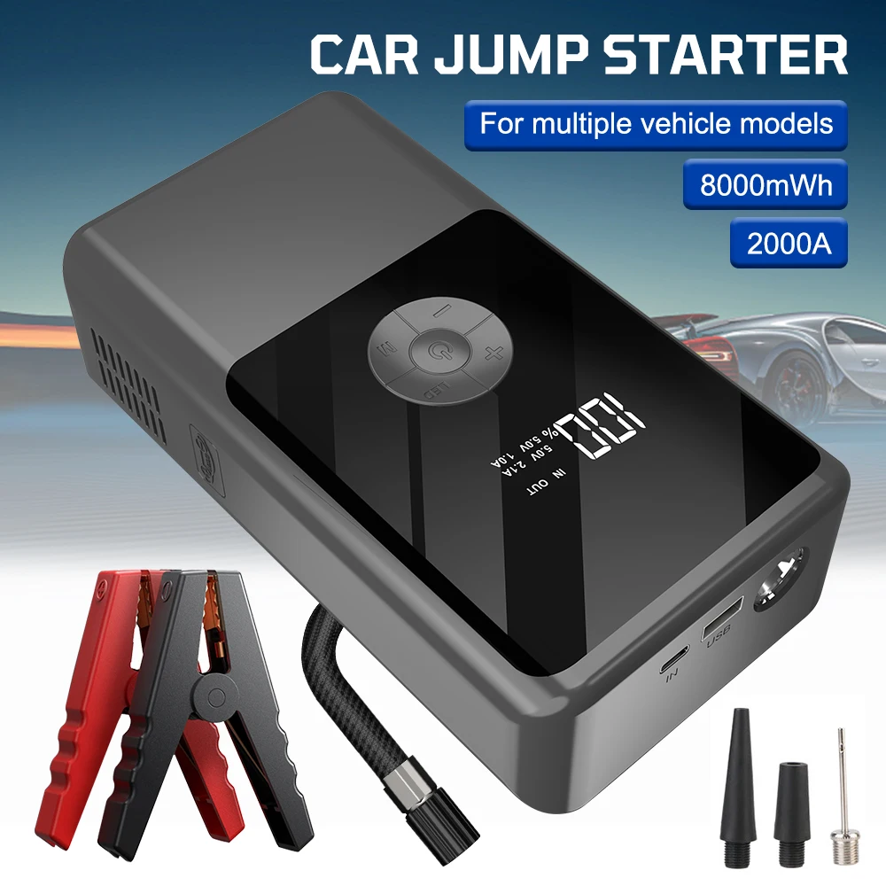 Power Bank Automobile Battery Booster Power Pack with LED Light 2000A Peaks Digital with Air Compressor Jump Starter