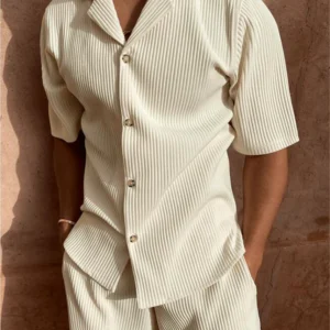 Spring/Summer suit Solid color corduroy shorts sleeve shirt and shorts stretch beach casual suit