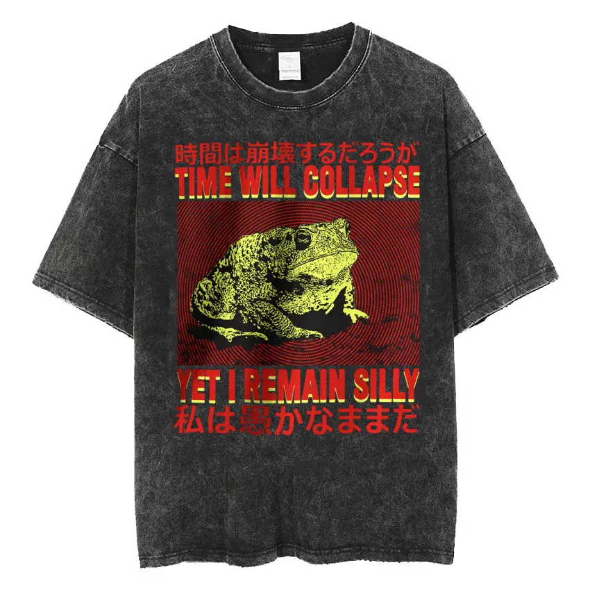 The Horrors Are Never Ending Yet I Remain Silly T-shirt Funny Japanese Style Frog Retro Washed T Shirt Men's Oversized Tees Tops - Image 6