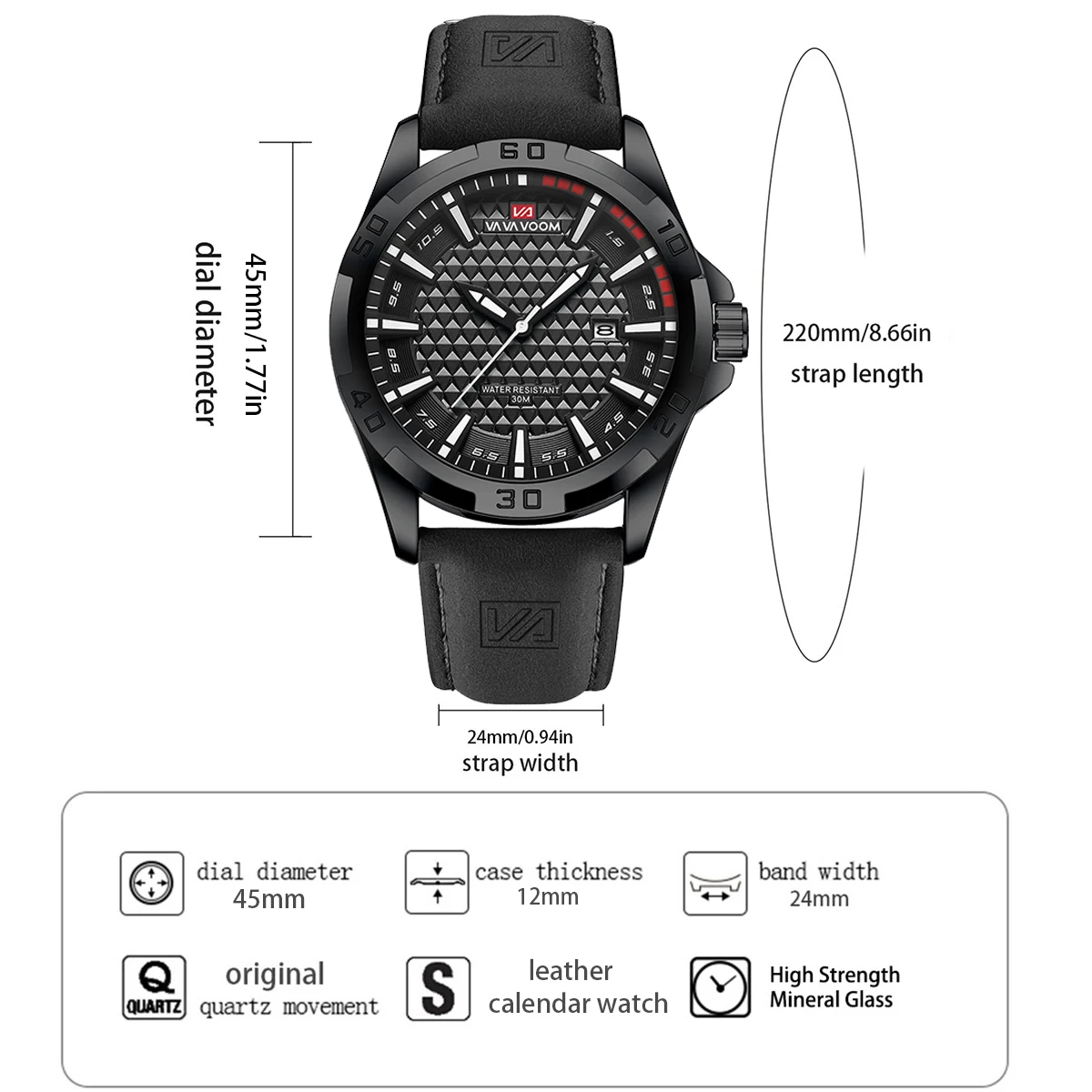VA VA VOOM Men Casual Sport Military Quartz Calendar Wrist Watch for Man Business Leather Waterproof Male Clock Relogio Masculin - Image 4