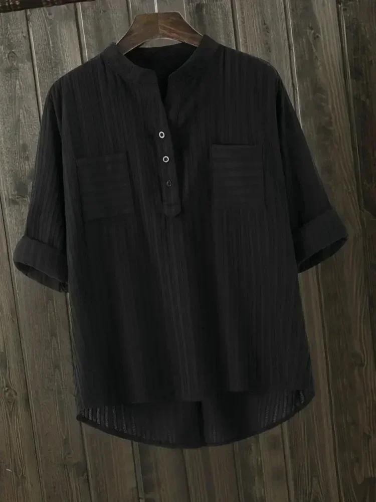 Plus Size Cotton Shirts Women's Tops Mujer Office Long Sleeve New Korean Loose Casual Vertical V-neck Shirts Top Blusas De Mujer - Image 5