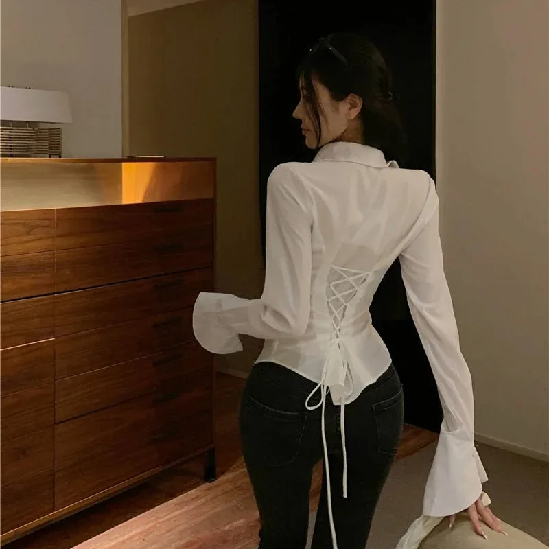 Fashion Women Bandage Shirts Korean All Match Streetwear Female Slim Blouse Spring Casual White Bell Sleeve Shirt New - Image 2