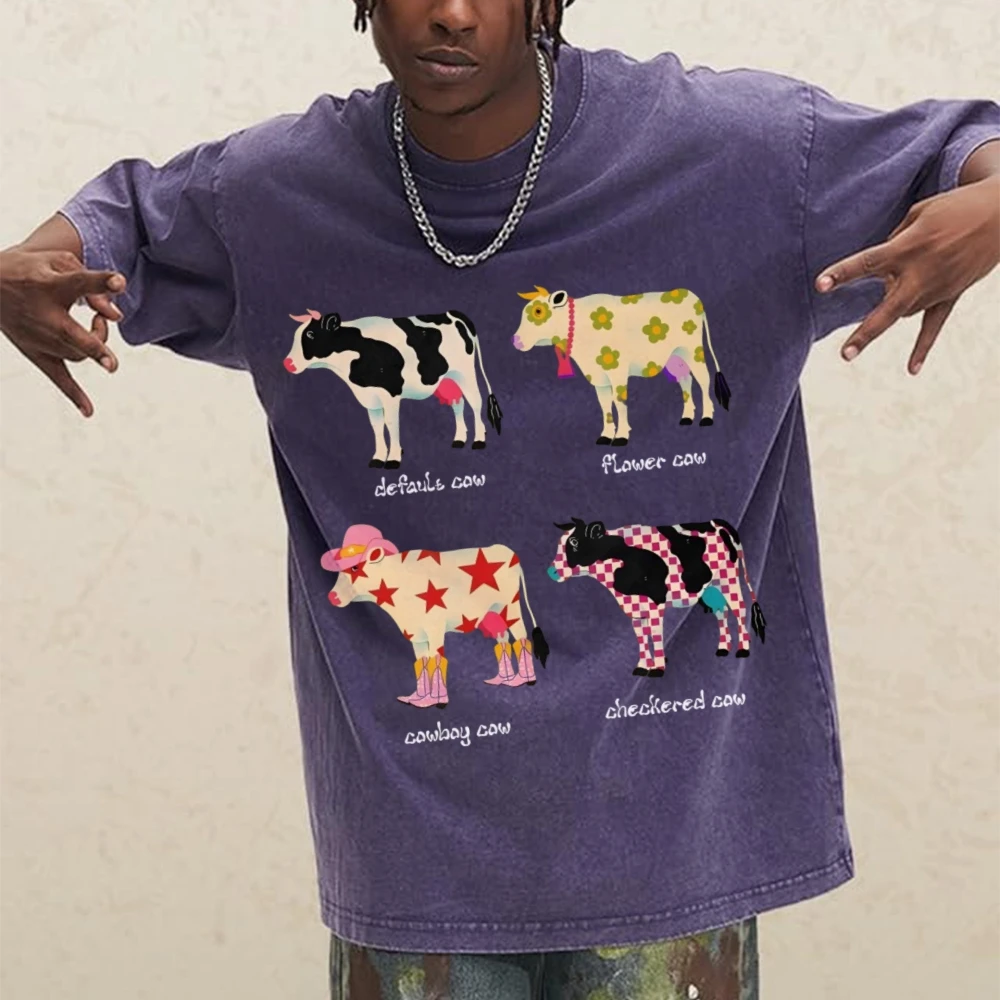 Cute Cartoon Cow Print T-Shirt Pure Cotton Washed Shoulder Round Neck Neutral Style Fashion Trend New High Quality Short Sleeves - Image 2