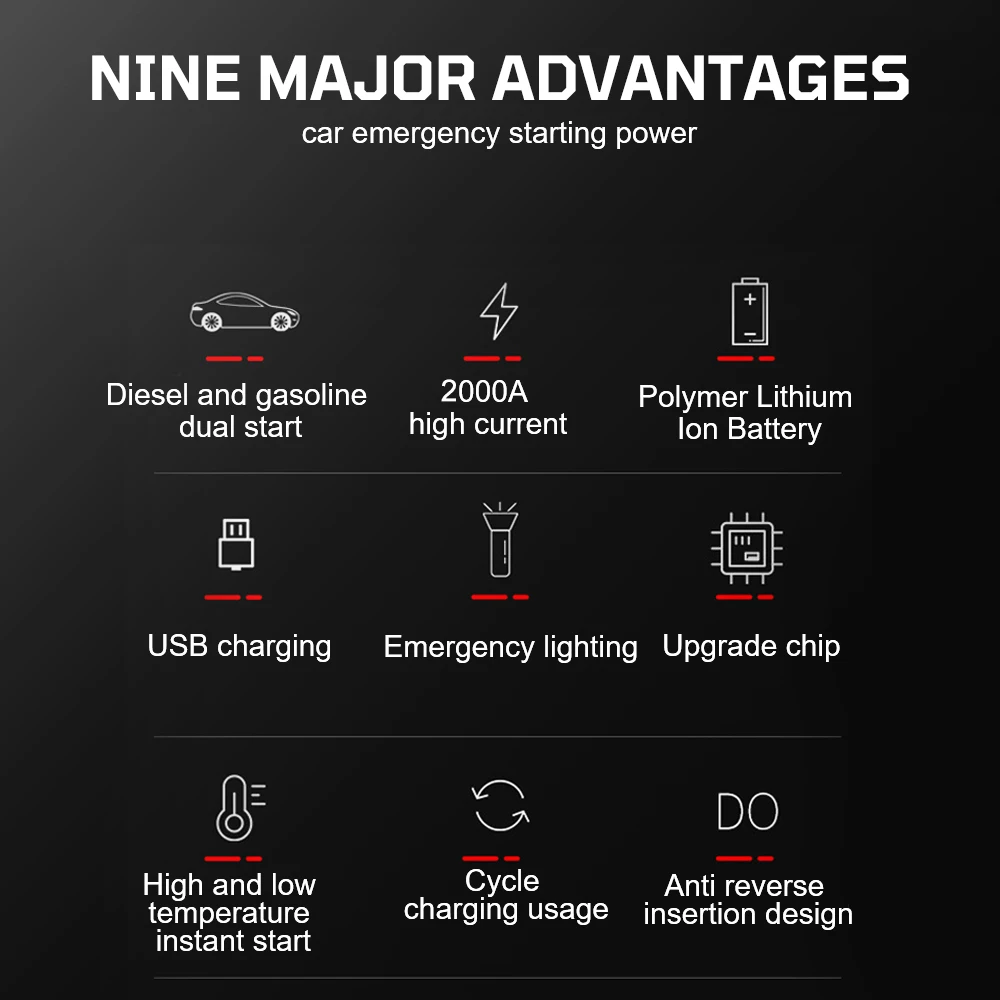 Power Bank Automobile Battery Booster Power Pack with LED Light 2000A Peaks Digital with Air Compressor Jump Starter - Image 3