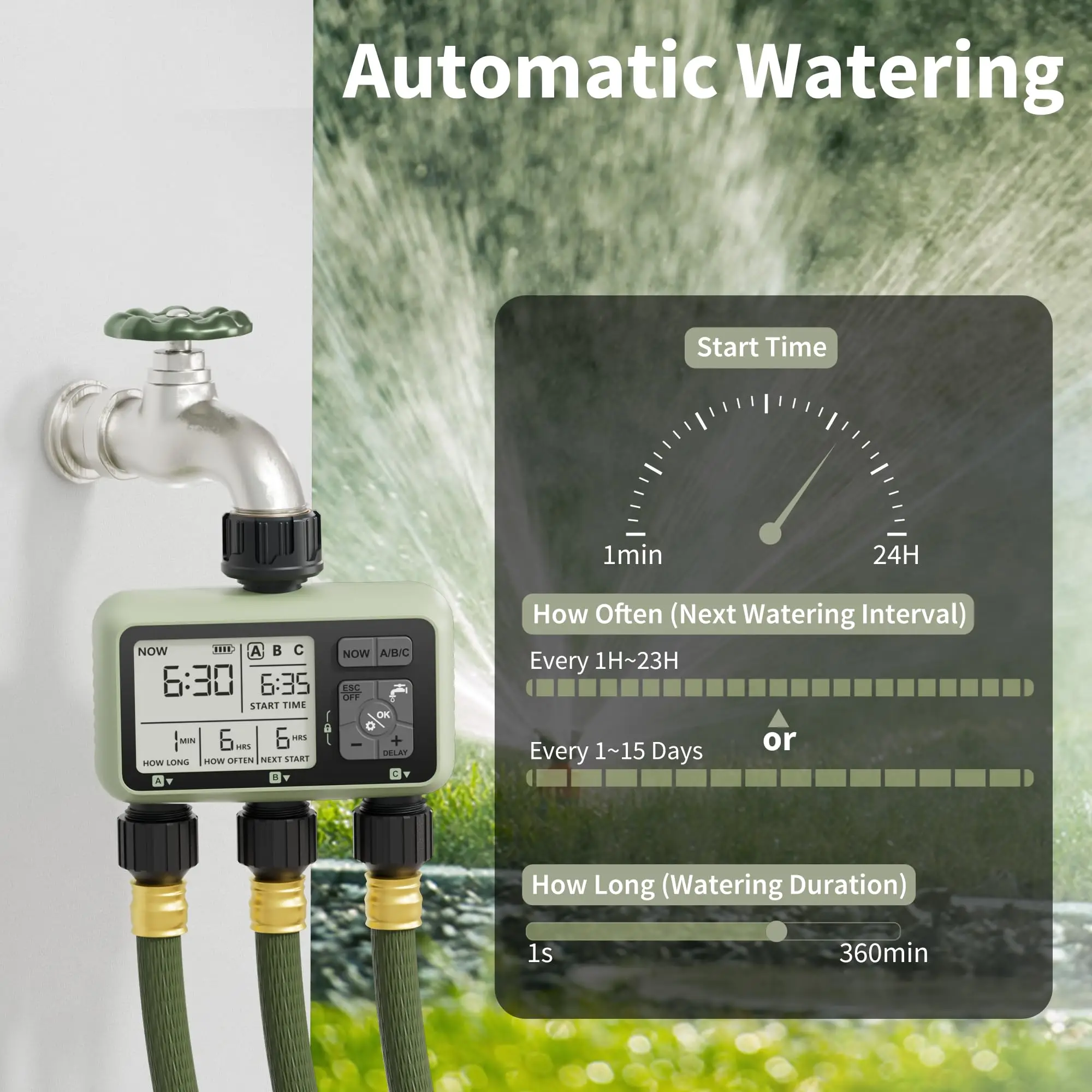 Diivoo Garden Water Timer 3 Zone Programmable Automatic Irrigation Timer with Rain Delay Manual/Auto Mode Watering for Lawn Yard - Image 3