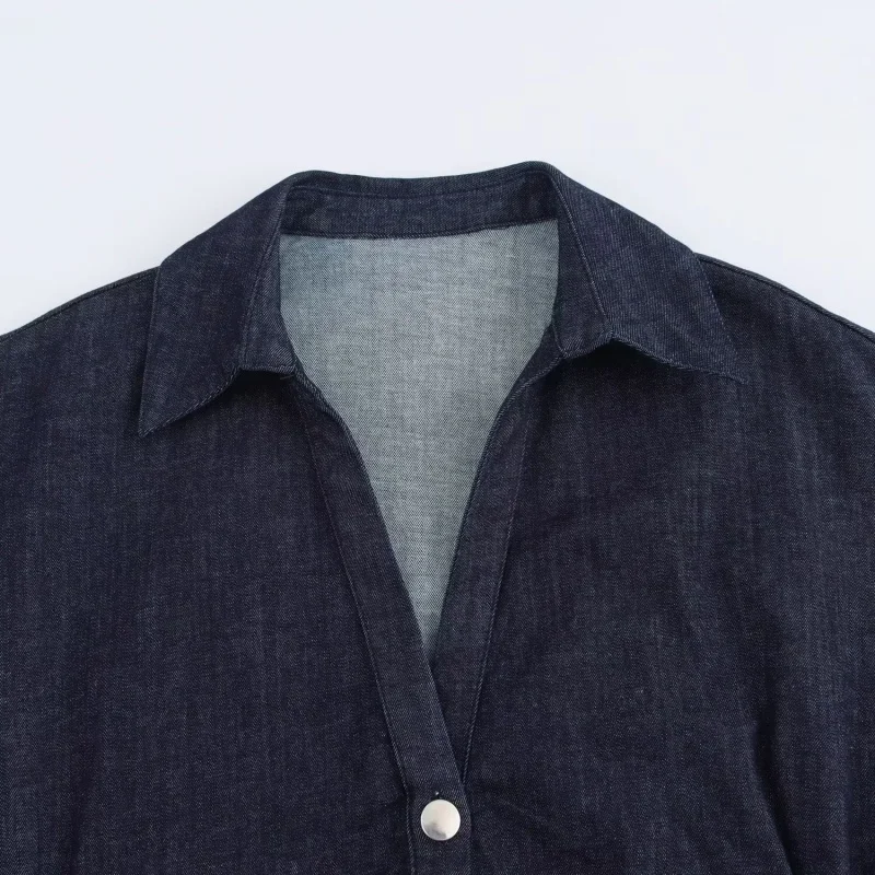 Spring New 1975 series denim MIDI dress with lapel side zipper fashion wrinkle waist slim elegant dress - Image 4