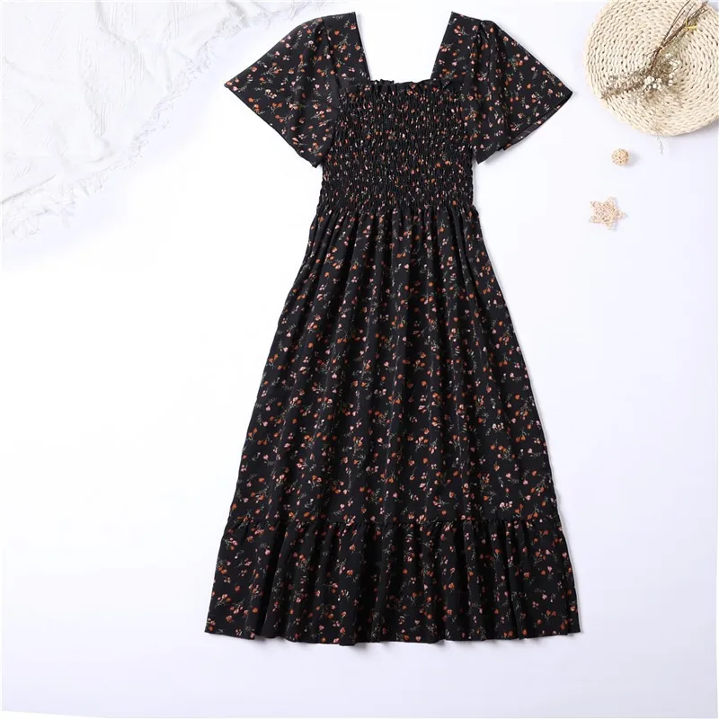 Spring Summer Chiffon Dress Women Midi DressesFemale Short Sleeve Elastic Waist Printed Floral Pleated Backless Casual Dress - Image 3