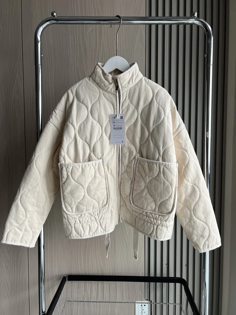 ZW Women's Cotton Jacket 2025 New Arrival Vintage Lenzing Rayon High Collar Large Pocket Decorative Quilted Coat for Women - Image 3