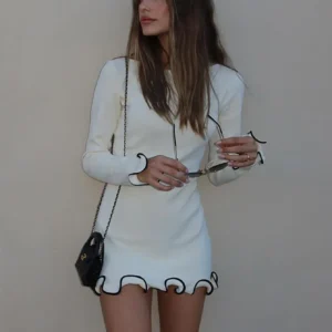 Dulzura O-Neck Long Sleeves Ruffles Patchwork Bodycon Mini Dress Sexy Elegant Outfit Party Club Streetwear Autumn Winter Clothes