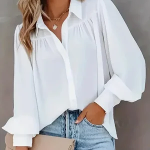 Women Fashion Plus Size 1XL-5XL Basic Blouse Ladoes Solid Button Up Lantern Sleeve Turn Down Collar Blouse Shirt