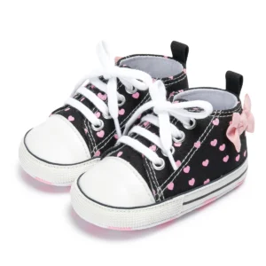Newborn Baby Girls Shoes Fashion Bowknot Heart Print Classic Canvas Casual High Tops Sneakers Soft Anti-slip Sole First Walkers