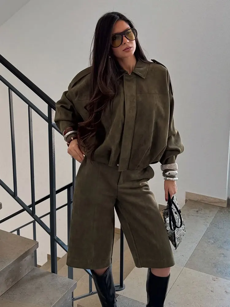 HH Women Brown Green Suede Jacket Loose Casual Bomber Coat Lapel Zipper Long Sleeve Jackets Vintage Lady Motorcycle Outwears - Image 5
