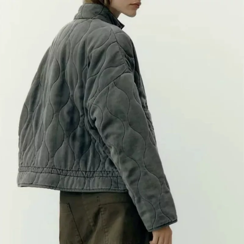 ZW Women's Cotton Jacket 2025 New Arrival Vintage Lenzing Rayon High Collar Large Pocket Decorative Quilted Coat for Women - Image 5