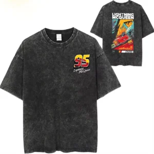 Washed T Shirts Lightning McQueen Cars 95 Hip Hop Vintage T-Shirts Harajuku Streetwear Cotton Summer Tops Tee Shirt Men Women