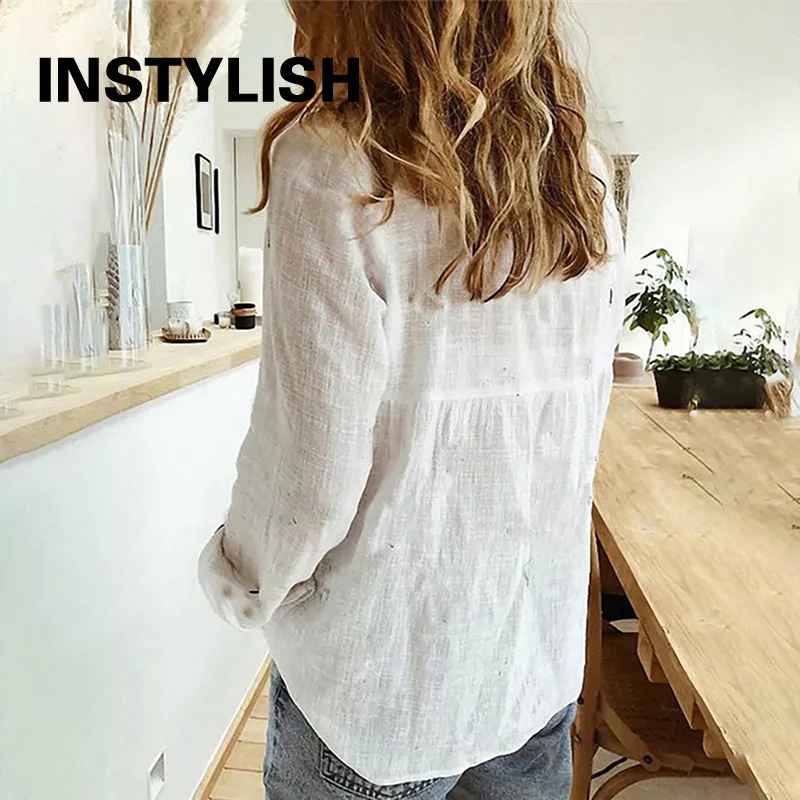 Women Casual Long Sleeve Cotton Linen Shirt Elegant Solid Cardigans Autumn Button Lapel Shirt Loose Oversized Blouse Tunics - Image 2