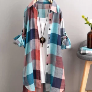 Plus Size Loose Plaid Blouse Women Cotton Shirt Female Mid Length Autumn Long Sleeve Blouse Casual Winter Korean Style Outwear