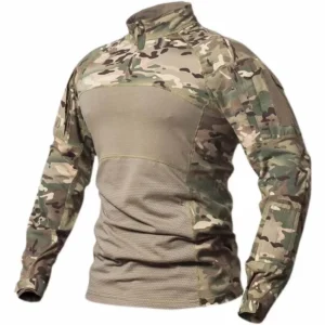 Tactical Shirts Men's Long Sleeve Combat Shirt 1/4 Zipper Ripstop Cotton Camo T Shirts Hunting Clothes Windproof