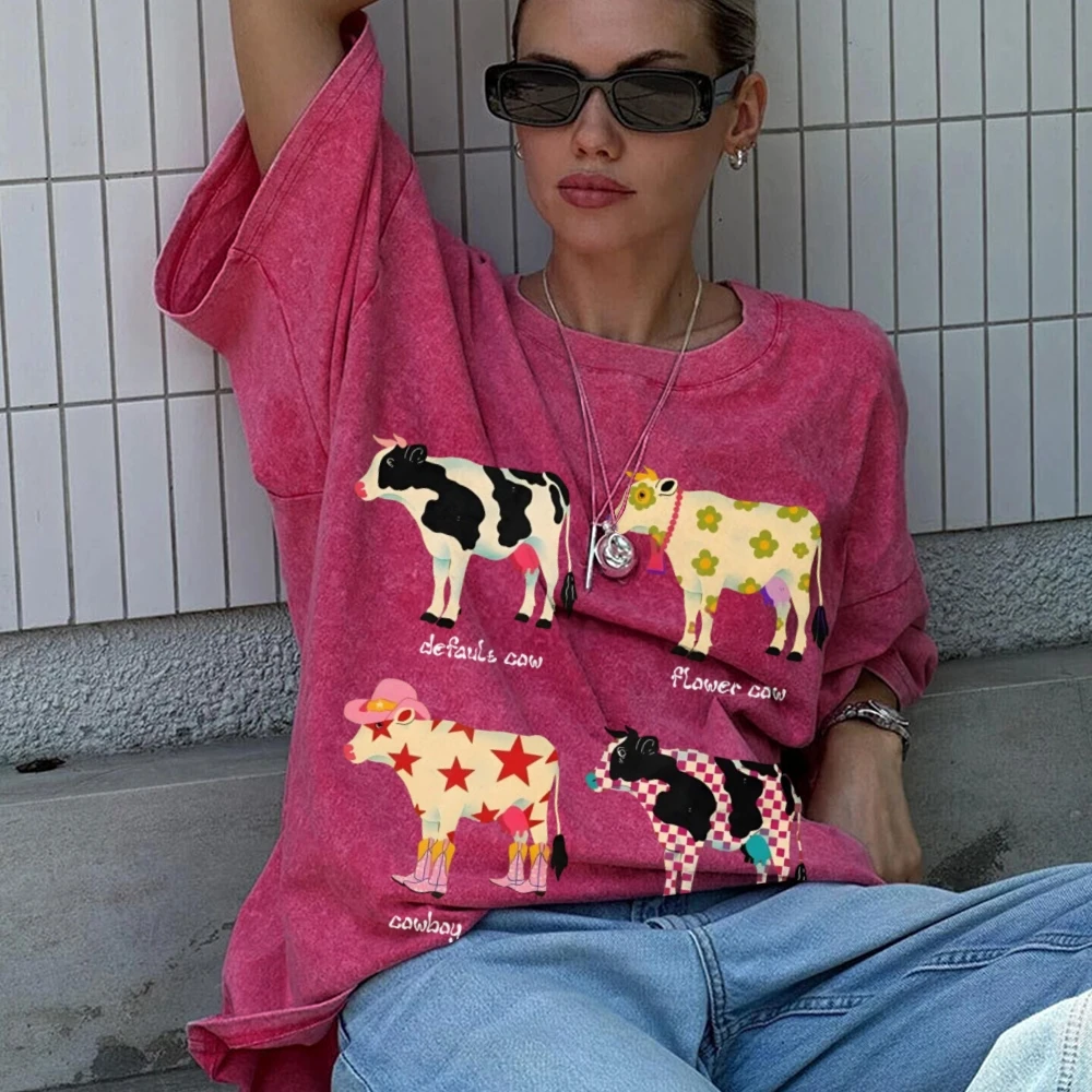 Cute Cartoon Cow Print T-Shirt Pure Cotton Washed Shoulder Round Neck Neutral Style Fashion Trend New High Quality Short Sleeves - Image 3