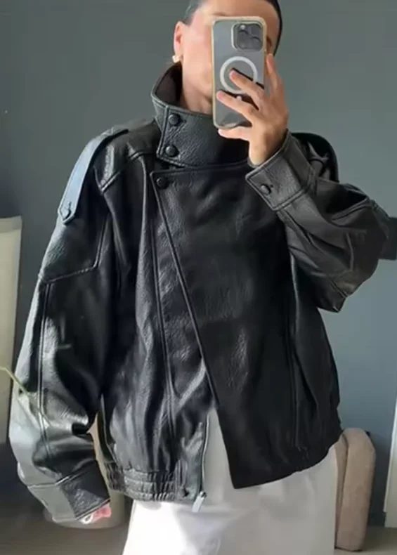 Women's Jacket Fall 2025 New Black Long Sleeve Pebble Faux Leather Jacket Motorcycle Style Personality Fashion - Image 6