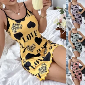 Summer New Women's Nightgown Beauty Back Thin Section Of Home Wear Sexy Halter Short Skirt Love Cartoon Cute Printing Pajamas