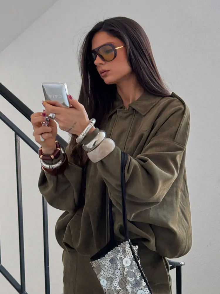 HH Women Brown Green Suede Jacket Loose Casual Bomber Coat Lapel Zipper Long Sleeve Jackets Vintage Lady Motorcycle Outwears - Image 6