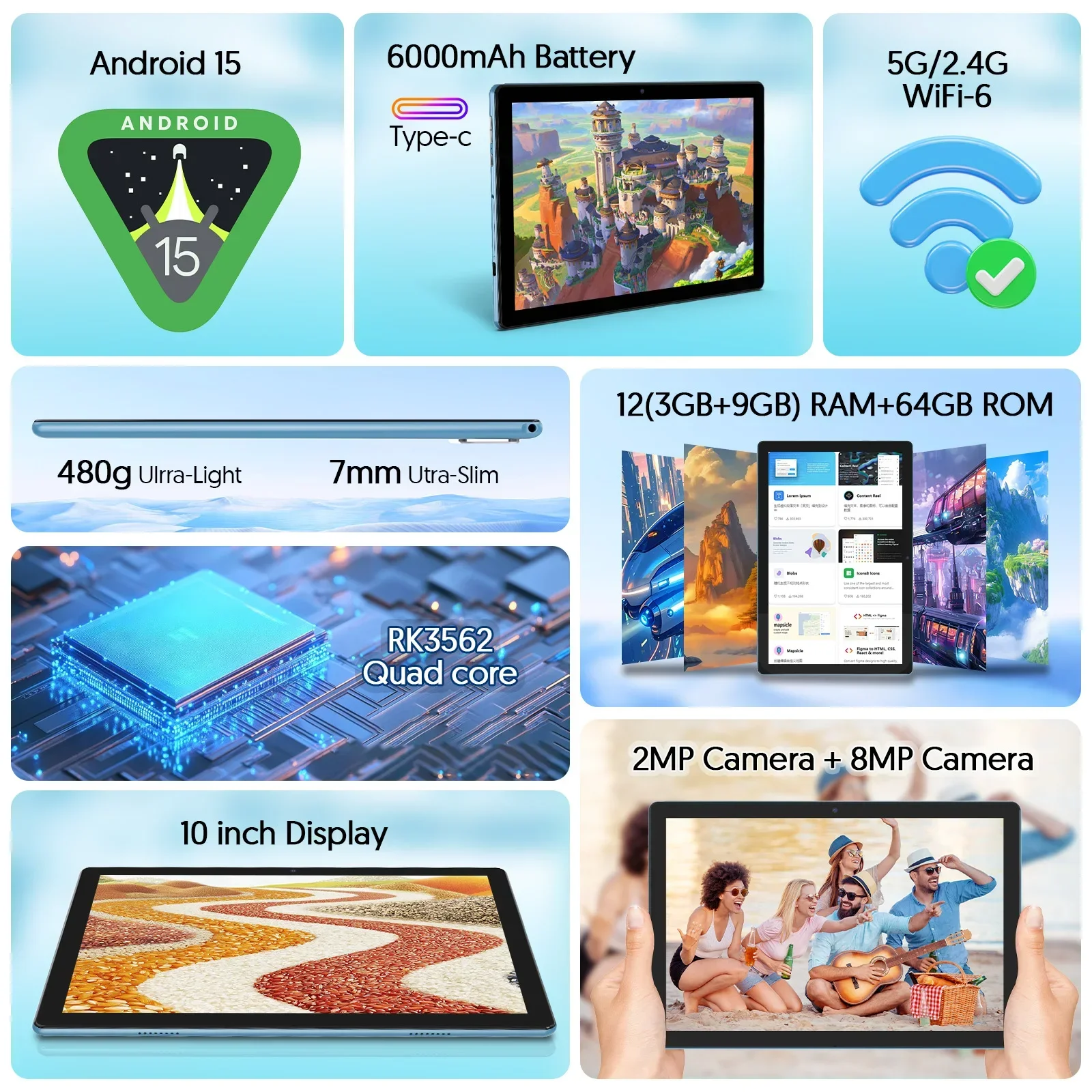 BAKEN 10-inch Android 15 tablet, quad-core processor, 12GB (3+9 expansion) RAM + 64GB storage, 5G WiFi, 1280*800 dual cameras - Image 3