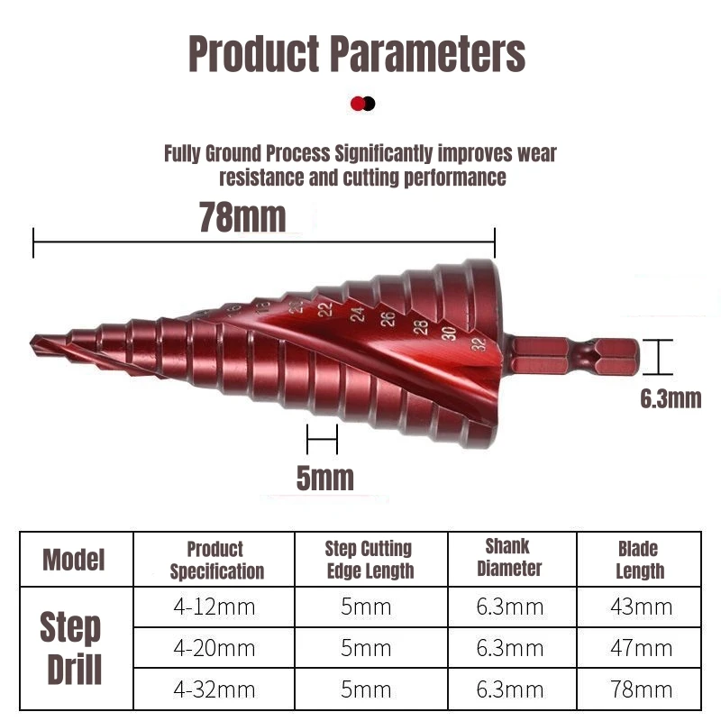 Step Drill Bit Set for Metal Metric 4 32 M35HSS Cobalt Titanium Cone Drilling Holes Spiral Flute Drill Hex Woodworking Tools - Image 5