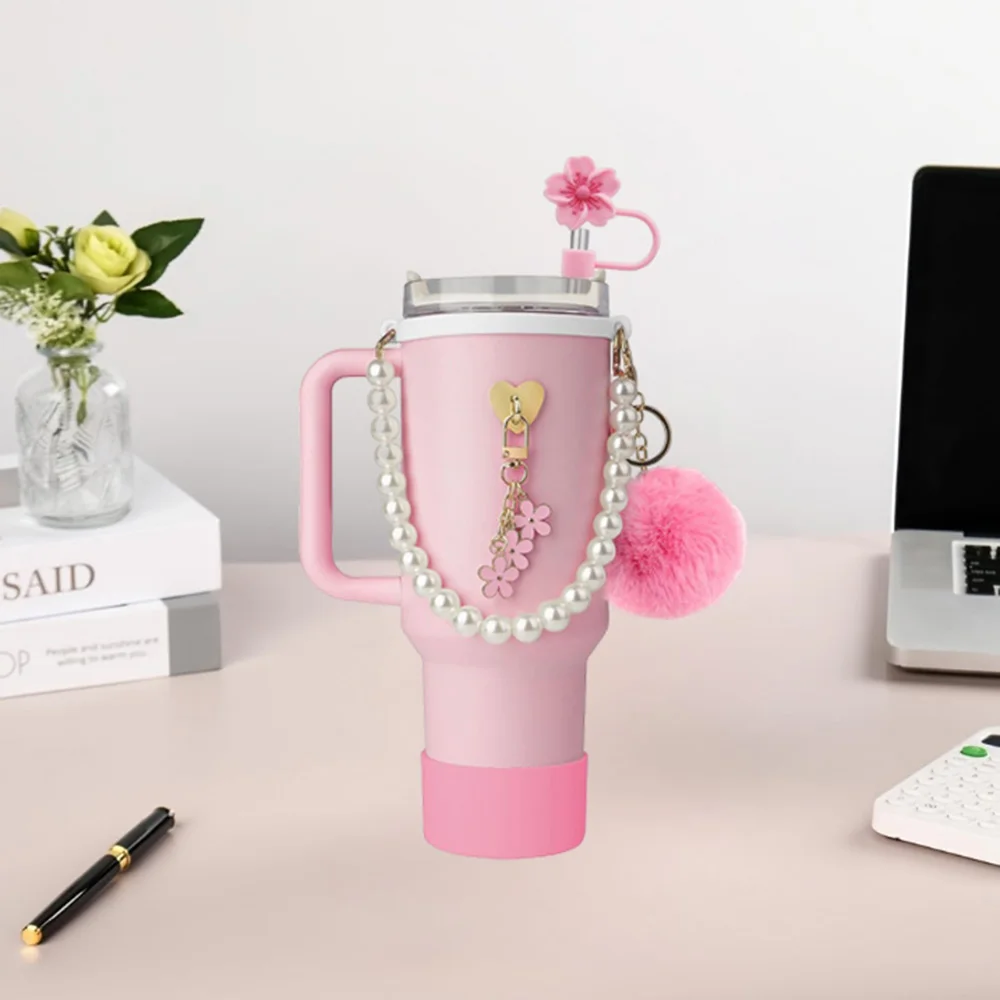 7Pcs Cup Accessories Set for 40oz Stanley - Water Bottle Handle Strap,Silicone Flower Straw Topper Cover Cap, Silicone Boot - Image 5