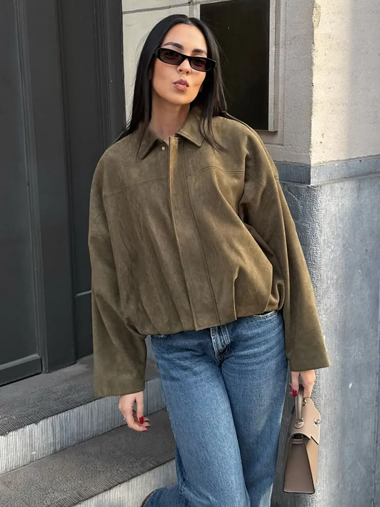 HH Women Brown Green Suede Jacket Loose Casual Bomber Coat Lapel Zipper Long Sleeve Jackets Vintage Lady Motorcycle Outwears - Image 4