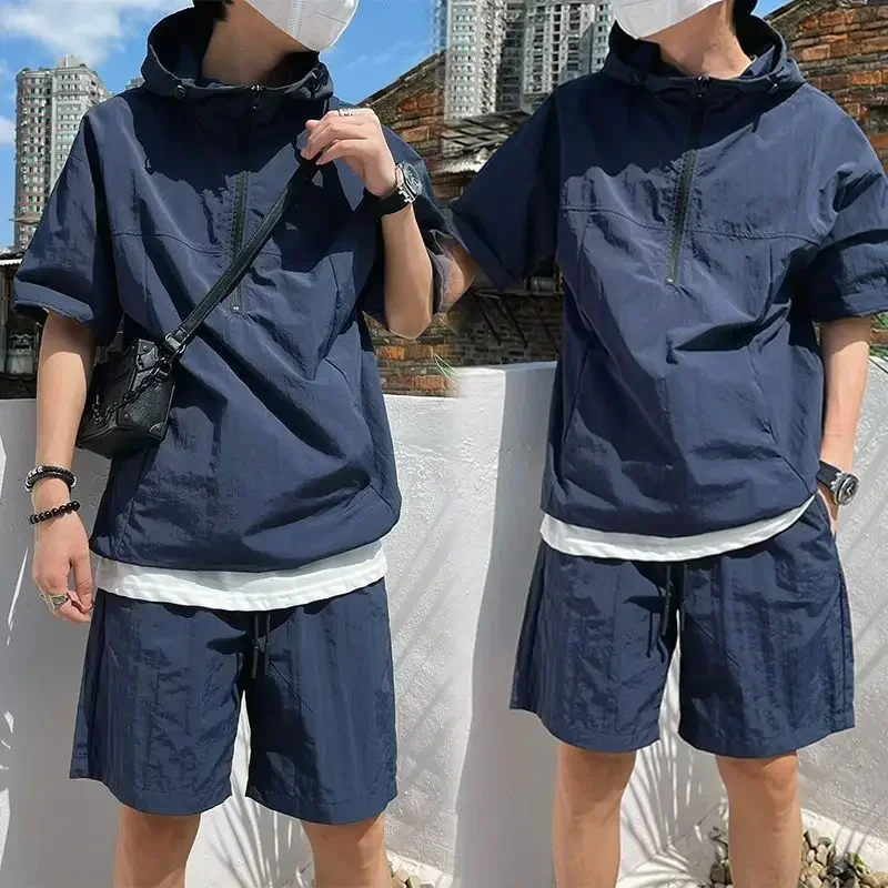 Summer Cargo Style Set Men's Casual Hooded Solid Short Sleeve T-shirt Shorts Loose Fashion High Quality Handsome Sweatshirt Suit - Image 4