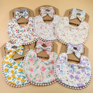3Pcs/Set Flower Print Cotton Linen Baby Boy Girl Bibs Elastic Nylon Headband Double-Deck Saliva Towel Feeding Bandana Apron Burp