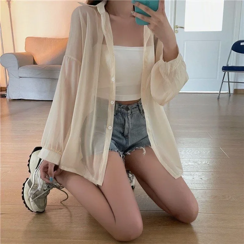 Xpqbb Women's White Chiffon Shirt Sheer Thin Long Sleeve Sun Protection Blouse Woman Casual Loose Simple Single-breasted Shirts - Image 2
