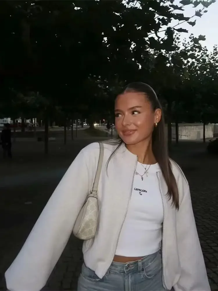 Ladies Fashion Autumn Winter Jacket Women Retro Round Neck Long Sleeve Elastic Hem Zipper Soft Bomber Jacket Women Coat Female - Image 4