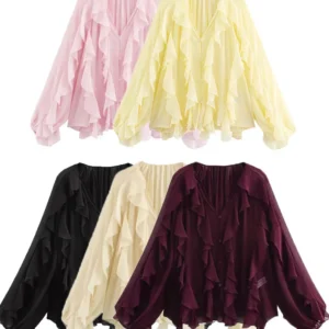 Women's Casual Ruffled Shirt Loose Lace Up Hollow Out V Neck Tops 2025 Spring Blouses Women Clothes